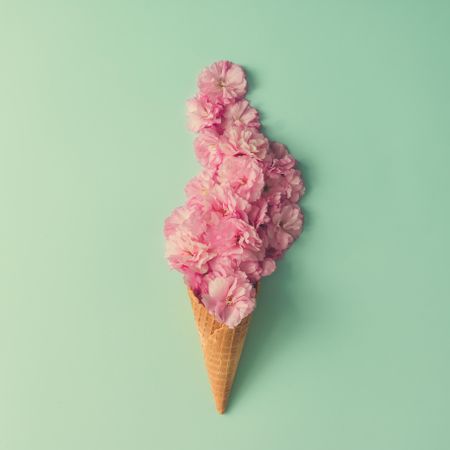 Ice cream cone with pink flowers and leaves