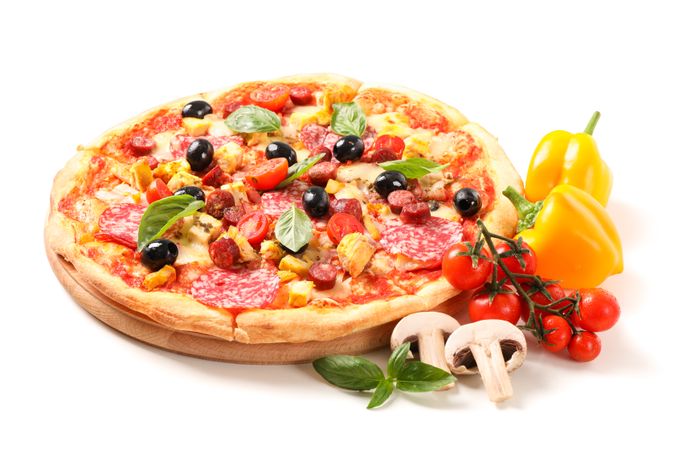 Tasty pizza and ingredients isolated on blank background