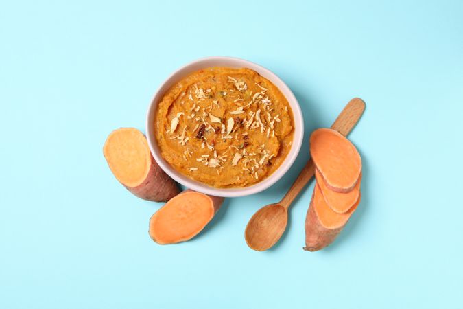 Concept of tasty food, sweet potato puree, top view