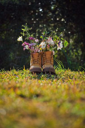 Pair of boots with wildflowers on meadow