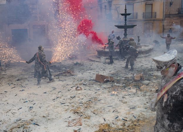 Ibi, Spain - December, 28 2018: People celebrating victory in flour and eggs battle