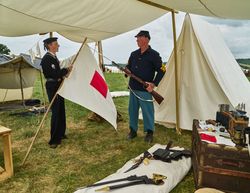 Jordan Ryan, left, and his father, Bob Ryan, depict Union signal corps, Gettysburg, Pennsylvania