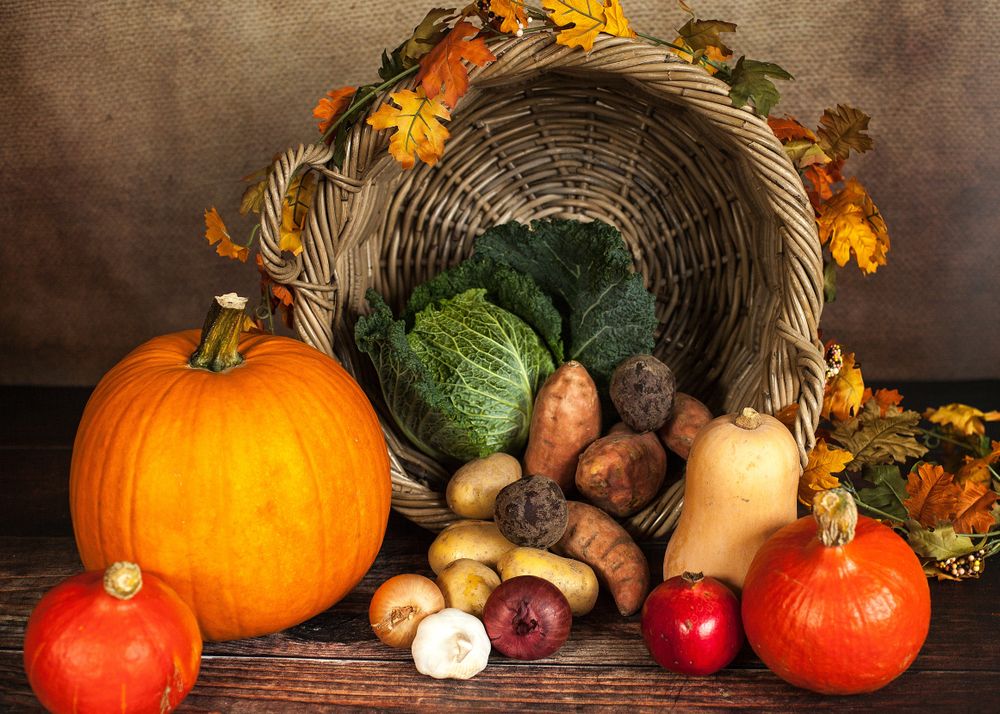 Orange pumpkins beside vegetables in wicker basket