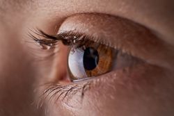 Eye of unrecognizable discontent kid with tears
