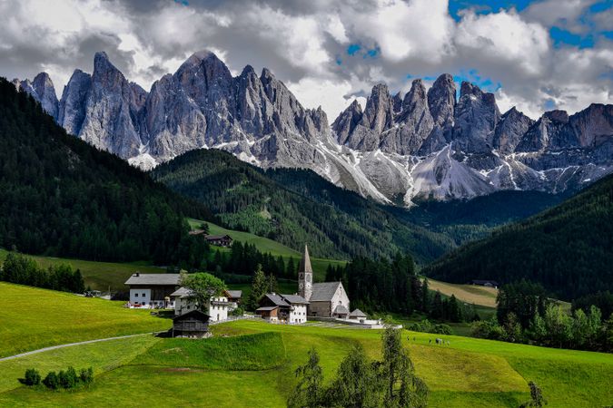 Funes valley in South Tyrol, Italy under cloudy sky