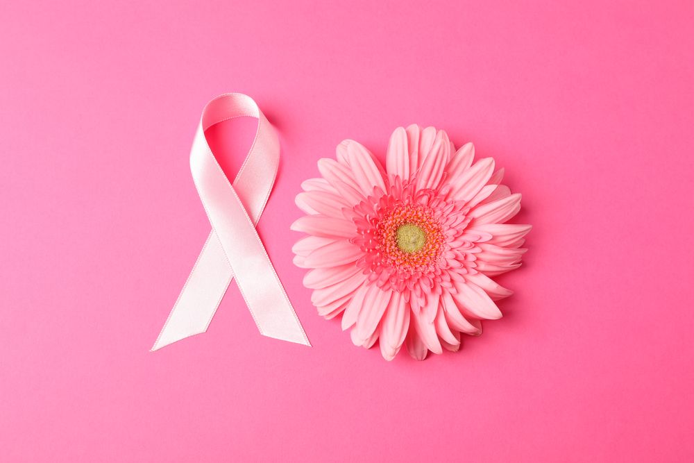 Pink awareness ribbon and gerbera on color background, space for text.