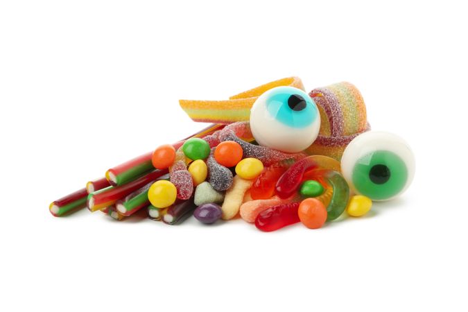 Bunch of halloween candies isolated on blank background