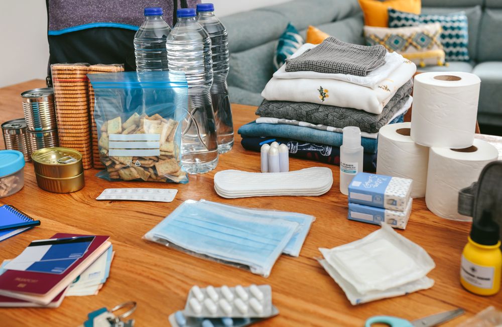 Emergency backpack equipment organized on the table