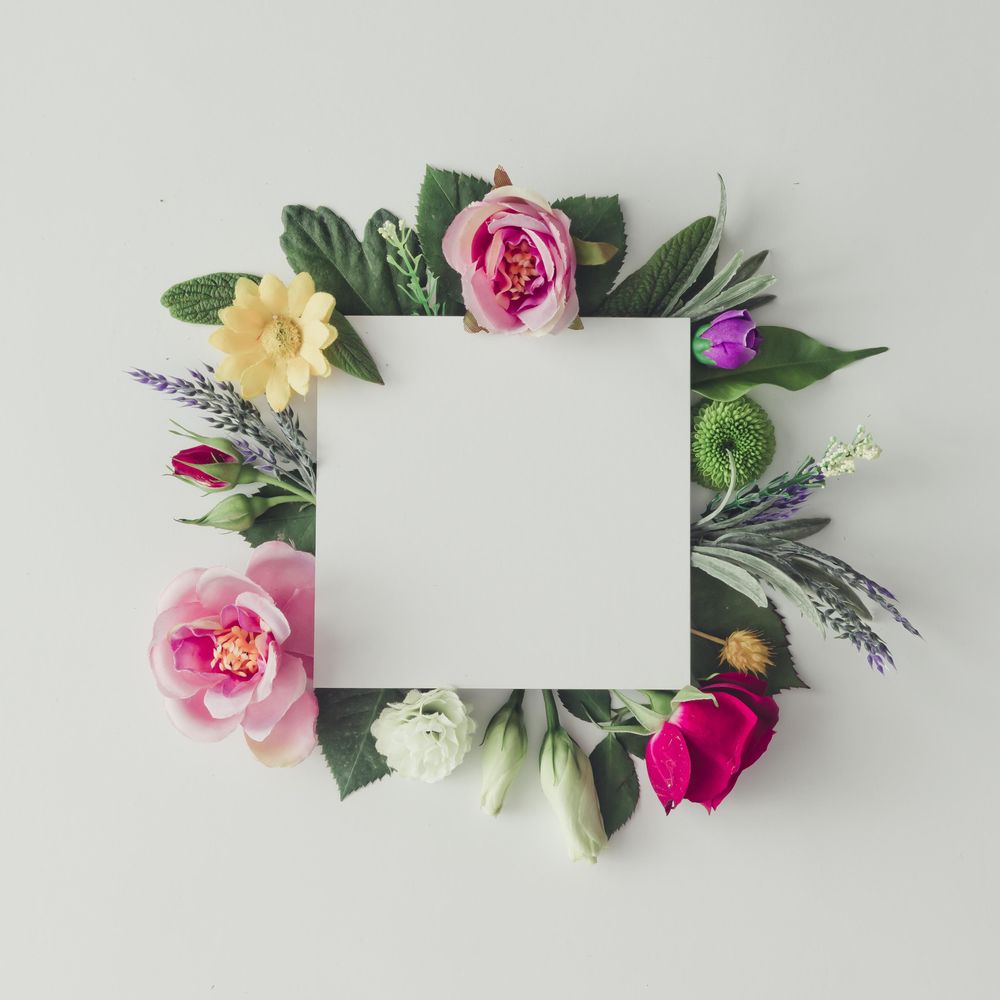 Colorful flowers, leaves and paper card note