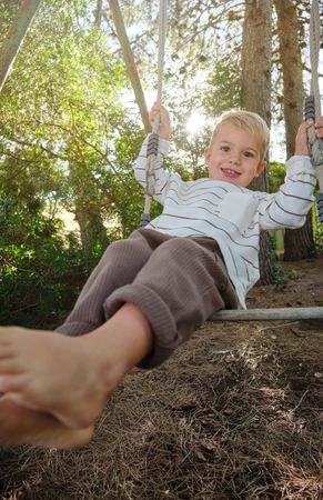 Cheerful boy on swing in park