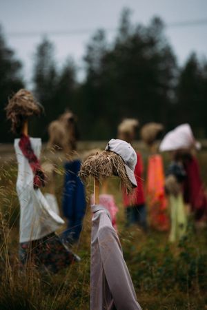 Scarecrows in quiet village