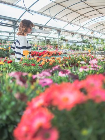 Female customer with cart on flower market