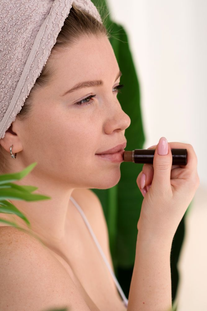 Woman with towel applying makeup