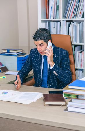 Businessman having conversation on phone in office