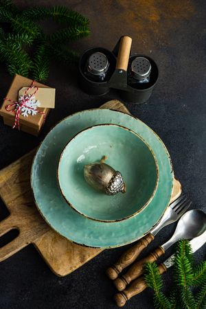 Light green table setting with bowl and plate and Christmas ornament