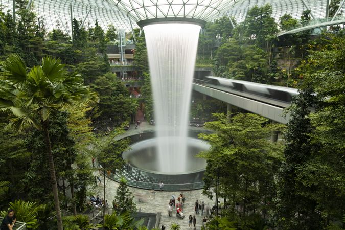 Singapore - October 21, 2019: View of the tallest indoor waterfall in the world