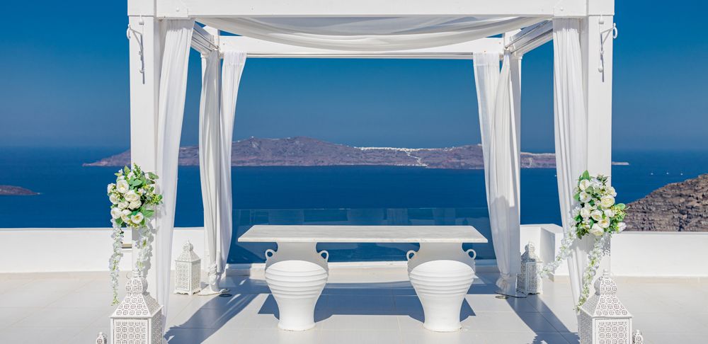 Wide shot of canopy over looking the Aegean Sea