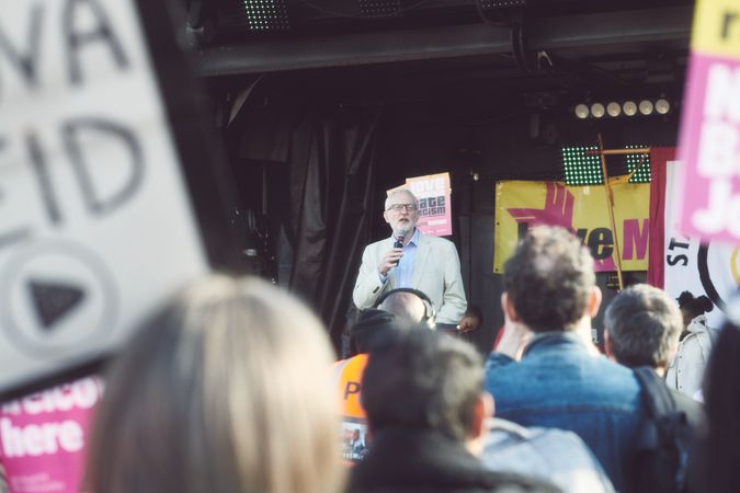 London, England, United Kingdom - March 19 2022: Jeremy Corbyn speaking at anti-racism protest