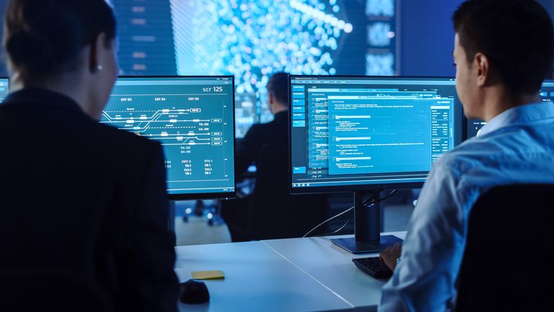 Software Engineers Analyze Complex Data on Multiple Screens in a Dimly Lit Control Room. Monitors Display Code and Network Diagrams Against a Backdrop of Blue-tinted Technology.