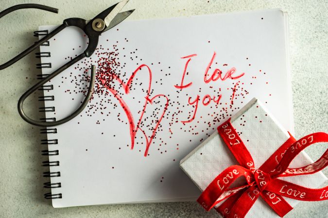 Valentine Day holiday concept with "I love you" written on paper with present