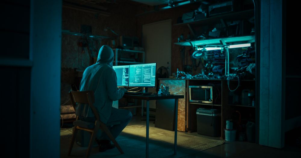 Home Garage Late At Night: Evil Male Hacker Wearing Hoodie Breaks into Data Servers, DDOS Attack, Phishing Attack, Malware.