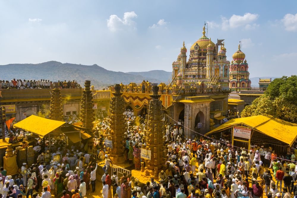 Jejuri, Maharashtra, India - Dec 30, 2024: Palkhi of Lord Khandoba at the famous and beautiful Khandoba temple at Jejuri during the festival of Somvati Amavasya