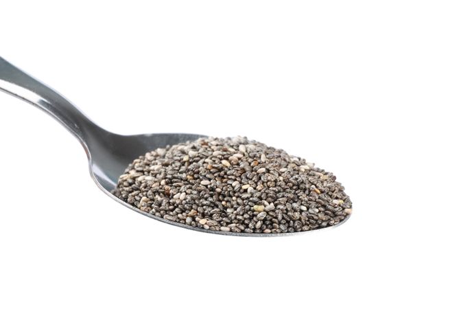 Chia seeds and spoon isolated on plain background