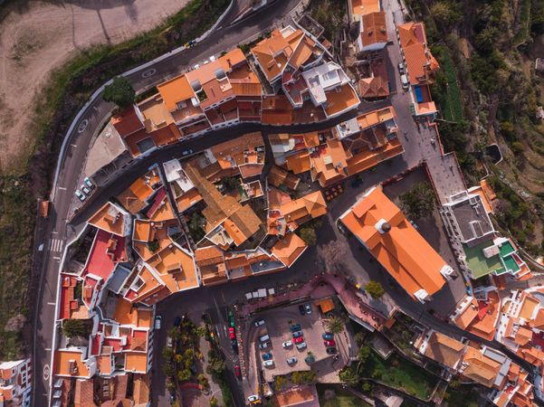 Drone view of city in mountain valley