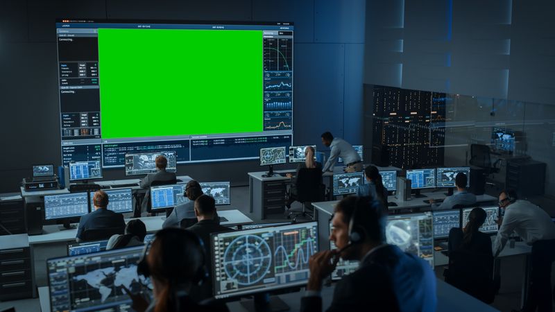 Diverse Team Operates in Advanced Control Room. Multiple Screens Display Data, Maps, and Graphs.