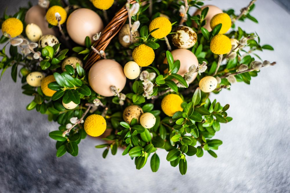 Top view of Easter basket with eggs and Craspedia Billy Buttons