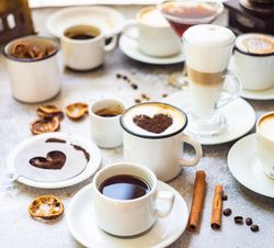 Variety of coffee drinks on table