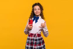 Girl with red smartphone making call me gesture