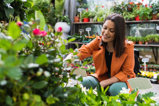 Smiling woman choosing potted flower in garden market