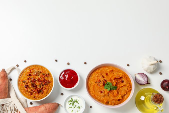 Concept of tasty food, sweet potato puree, space for text