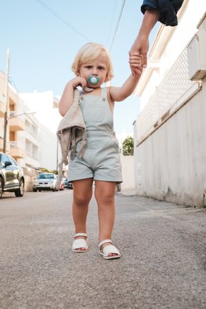 Adorable toddler walking by hand with parent