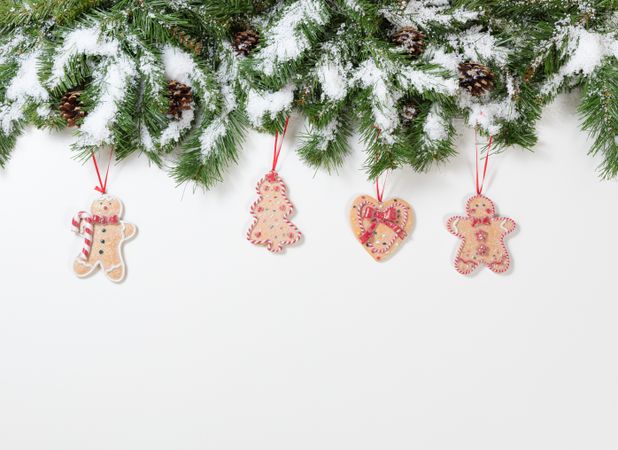 Christmas snowy tree branches and cookie ornaments
