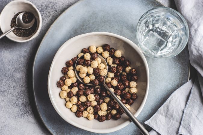 Top view of cereals balls in breakfast bowl