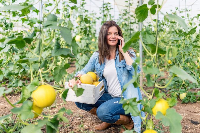 Farmer using smartphone while working in greenhouse