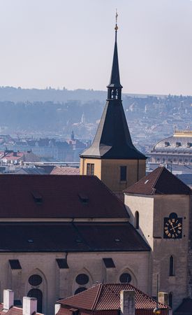 View of the Old Prague areas from the top in misty morning