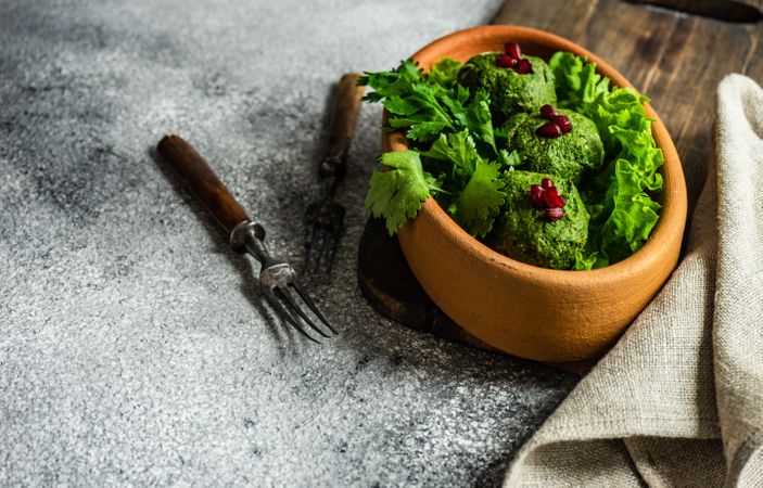 Traditional Georgian dish pkhali on counter with copy space