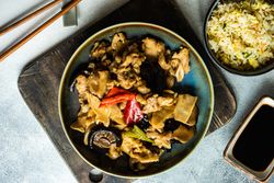 Top view of Chinese vegetable stir fry served with rice
