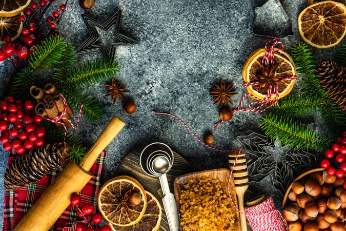Top view of warm Christmas spices for mulled wine on counter