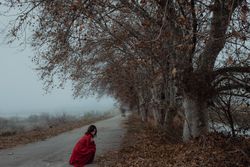 Woman in red dress in foggy area