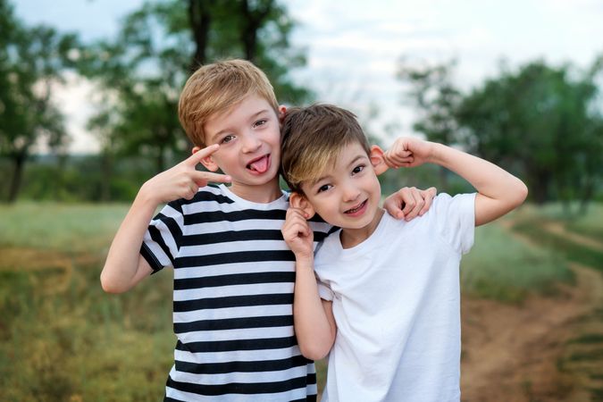 Two little brothers walking in countryside
