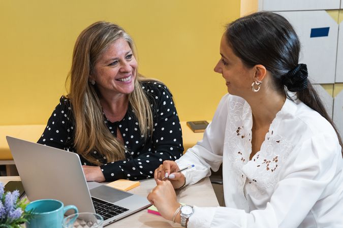 Smiling female coworkers discussing project in office