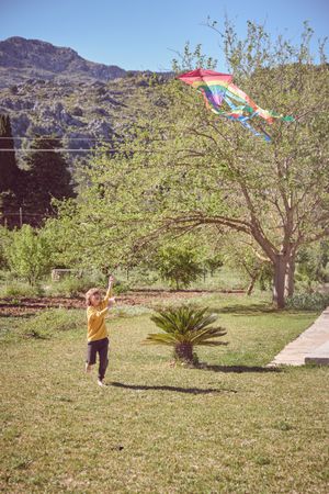 Boy with kite in mountains