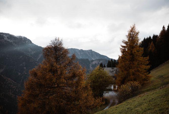 Lonely house in field by mountain