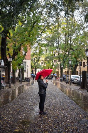 Asian female tourist with umbrella walking at city street on rainy weather