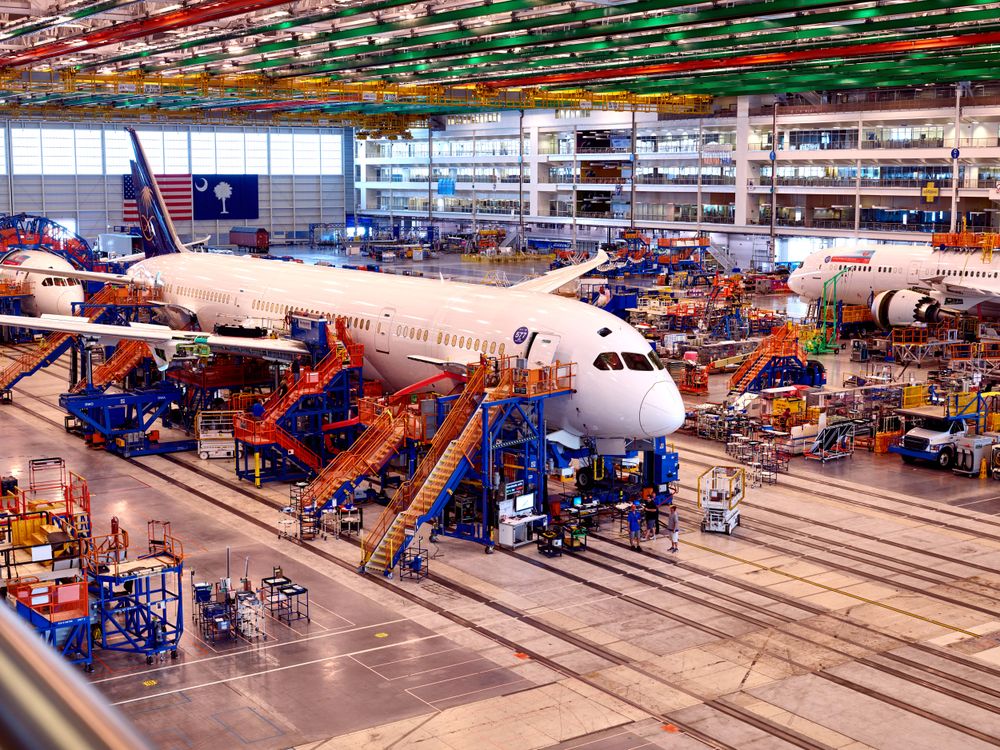 Boeing manufacturing an aircraft in a hanger Charleston, South Carolina