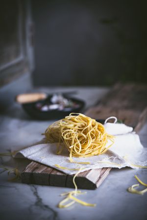 From above dry pasta on table